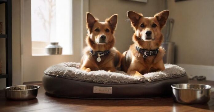 A cozy, photorealistic dog bed sits beside stainless steel food and water bowls. A leather collar and leash hang nearby, with a reflective dog safety vest and various dog toys scattered around, all rendered in hyperrealistic detail, no text.