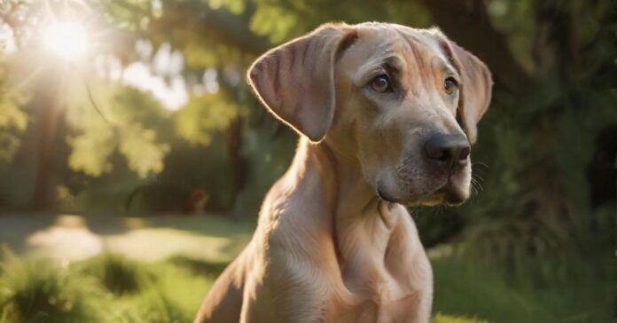 A hyperrealistic close-up of a majestic Great Dane puppy, sitting attentively in a lush green park. Soft, golden sunlight filters through the trees, illuminating its gentle eyes and smooth, fawn coat. No text. Photorealistic. Artifact-free.