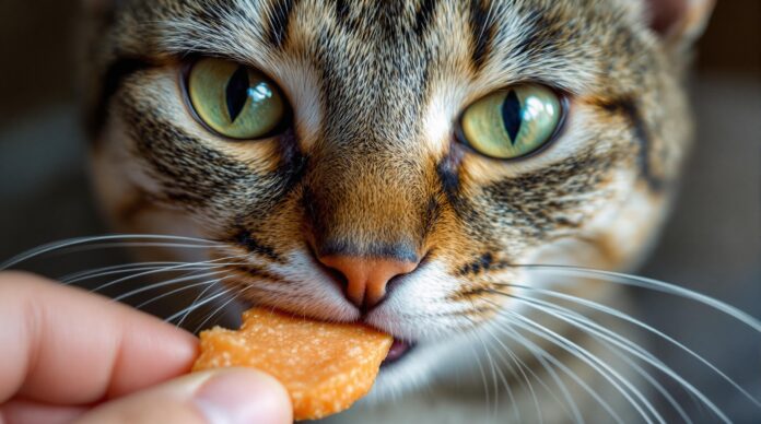 Hyperrealistic extreme close-up of a cross-eyed tabby cat face, focused on piercing green eyes and detailed whiskers, about to bite a salmon crunchy cat treat held millimeters away. Individual fur strands, subtle saliva thread, soft volumetric lighting, shallow depth of field. Photorealistic, no text, arteifact-free.