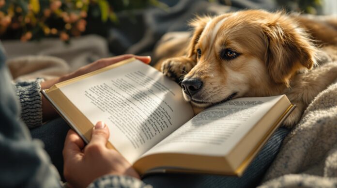 Hyperrealistic photo, person reading detailed book about animals, gentle hand petting a relaxed dog. Cozy room, warm natural light, ultra-detailed textures of fur, paper, fabric. Cinematic shallow depth of field. No text.