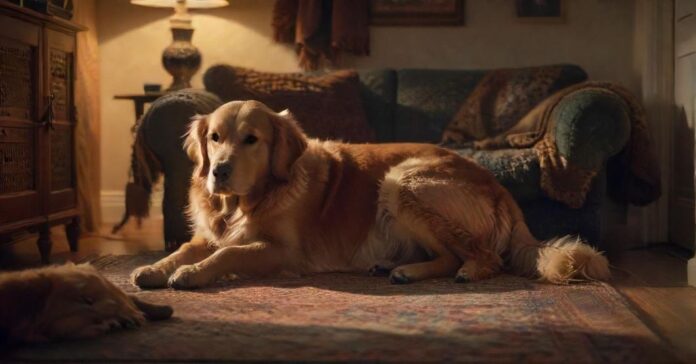 Hyperrealistic photograph capturing a cozy living room at dusk. A golden retriever rests peacefully on a detailed rug, bathed in warm, cinematic light spilling from an unseen screen. A cat naps on a nearby armchair. Dramatic shadows, intricate textures on fur and fabrics. Absolutely no text, letters, or writing. Flawless rendering, anatomically correct animals.
