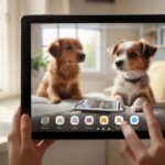 Hyperrealistic photograph capturing a person's hands holding a sleek tablet indoors. The screen brightly displays a clean grid showcasing diverse, photorealistic pet portraits: a cheerful dog, a relaxed cat, a small colorful bird. Soft, warm light streams from a window. Extremely detailed textures, shallow depth of field. Absolutely no text, letters, or UI elements. Flawless rendering. Turbo model quality.