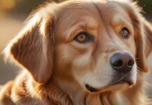 Hyperrealistic photograph, ultra-detailed close-up portrait of a wise, loyal Golden Retriever dog. Soft golden hour sunlight illuminates its detailed fur. Soulful, intelligent eyes look gently towards the viewer. Shallow depth of field, bokeh background. Flawless rendering, anatomically correct, absolutely no text, letters, or artifacts.