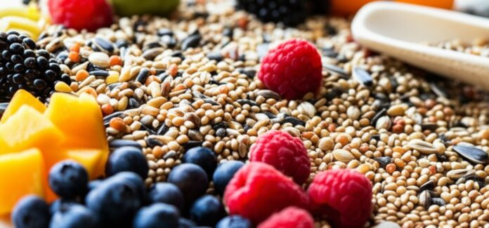 Hyperrealistic close-up still life of vibrant bird food: assortment of seeds, grains, fresh berries, diced colorful fruits and vegetables, and a natural cuttlebone. Soft, natural daylight from a window, shallow depth of field, focus on intricate textures and details, artifact-free, no text.
